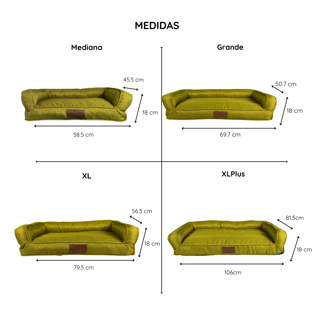 Cama ergonómica premium Woofy & Co® en color verde, ideal para perros, con diseño cómodo y soporte ortopédico.